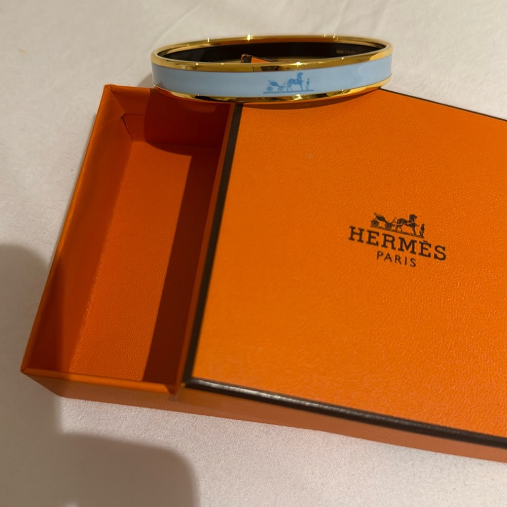 Hermes narrow Caleche light blue enamel bangle bracelet